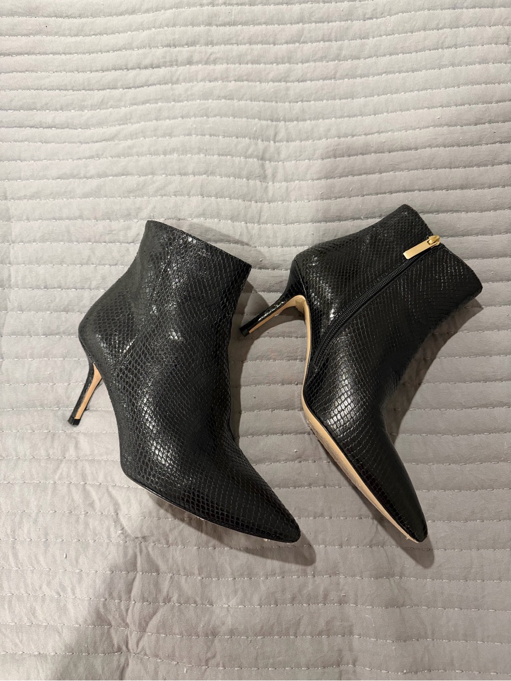 L’Agence Aimee Pointed Toe Black Croc Leather Ankle Boots